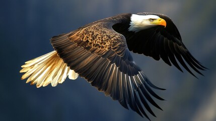 Obraz premium Majestic eagle soaring through the sky with outstretched wings.