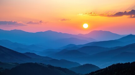 Gorgeous Sunset Over a Mountain Range, Evoking a Sense of Peace and Natural Beauty