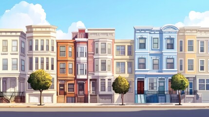 Fototapeta premium Row of townhouses featuring traditional architecture in a classic style showcasing residential apartment buildings with detailed facades in a flat 2D cartoon illustration
