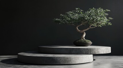 Japanese cosmetics backdrop featuring a 3D abstract podium and bonsai tree against a black background for product showcase 3D rendering illustration