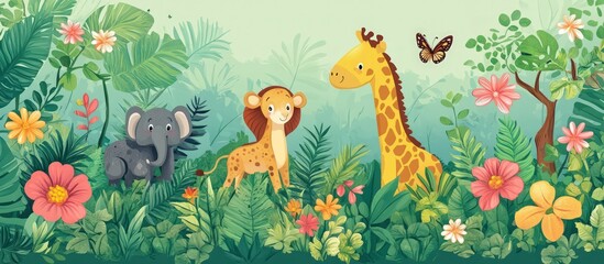 Seamless jungle border with animals, flowers, and trees vector