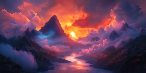 Stunning sunrise landscape featuring dramatic clouds and a majestic mountain backdrop over a serene river, Dramatic sunrise landscape with clouds mountains and river
