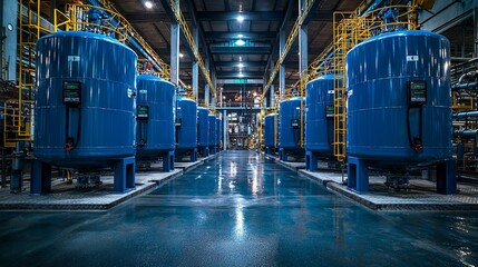 Obraz premium Industrial water treatment plant with large blue tanks and pipelines