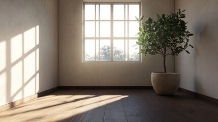 3D rendering of a spacious vacant room featuring a window and a potted plant devoid of furniture and decorations