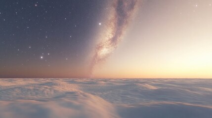 Obraz premium 3D cartoon rendering of the Milkyway Galaxy rising above a serene sky with a soft focus and noise created through long exposure and high ISO techniques