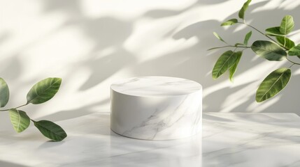 Elegant white marble box and cylinder podium adorned with green leaves on a white marble backdrop Conceptual scene for showcasing products like perfumes promotions and cosmetics 3D render