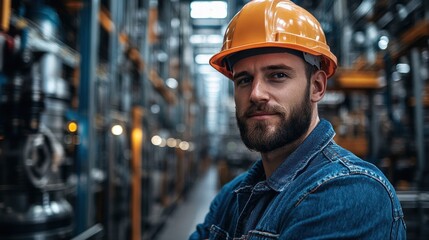 A confident worker in a safety helmet stands in an industrial setting.