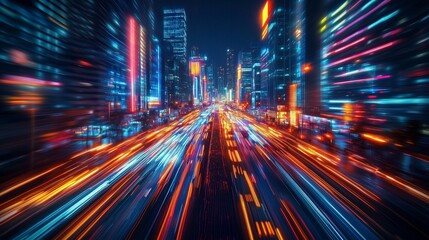 Obraz premium A dynamic cityscape at night, with vibrant neon lights and skyscrapers in motion blur