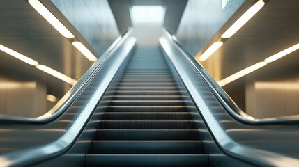 3D rendering of a metro escalator with a blurred background featuring an empty underground transit space and detailed view of the moving stairway providing a white copy space for public transport