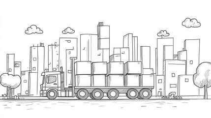 Obraz premium Continuous one line drawing of a cargo concept in a doodle style with 2D cartoon illustration