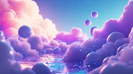 Obraz premium 3D rendering of a whimsical universe featuring violet pink blue and cyan hues with a nebula and stars in a galaxy landscape