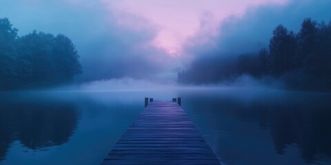 Tranquil jetty shrouded in fog during a serene dawn at a lake, Misty jetty at dawn over calm lake waters