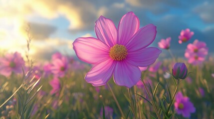 Fototapeta premium Beauty pink cosmos flower blooming in a field with a natural background in a 3D cartoon rendering