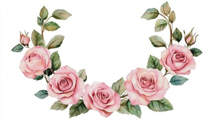 Fototapeta premium Wreath featuring pink roses and decorative leaves in watercolor style Invitation design for save the date Background for greeting card