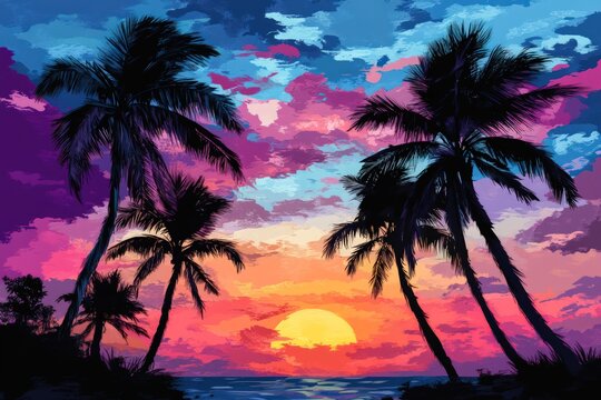Vibrant digital painting a cool tropical sunset with palm trees
