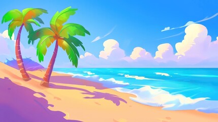 Fototapeta na wymiar A tranquil beach features palm trees casting shade their elongated leaves set against a bright blue sky Soft waves gently caress the shore creating a peaceful coastal atmosphere