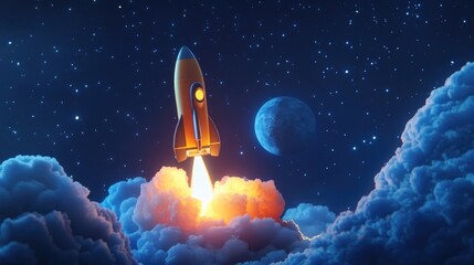 Rocket stars in a 3D cartoon rendering as a spaceship launches into the night sky on a mission