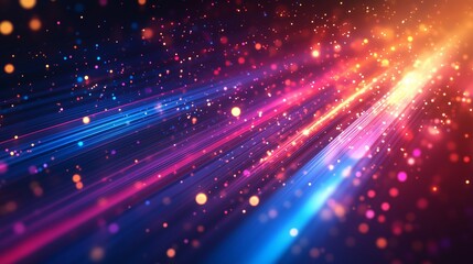 Abstract digital background with blurred light streaks and data center elements, symbolizing fast connection speed in technology or big data