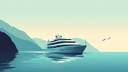 Fototapeta premium Passenger vessel navigating the waters Minimalistic flat design featuring a perspective angle