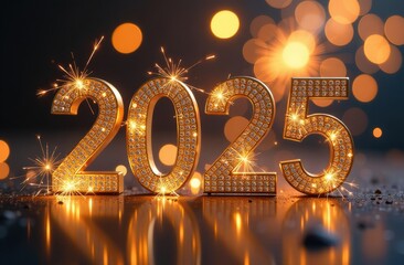happy new year 2025 gold numbers inlaid with diamonds close up