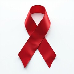 red satin ribbon symbol of fight against AIDS close-up isolated on white background