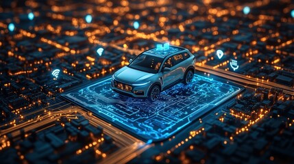 Autonomous car technology concept with a digital blue circuit board and a white modern SUV on top