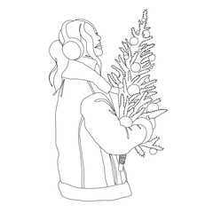 Female in winter coat with fur trim, wearing earmuffs and holding a small, decorated Christmas tree adorned with christmas balls outline vector illustration. Design for winter holidays