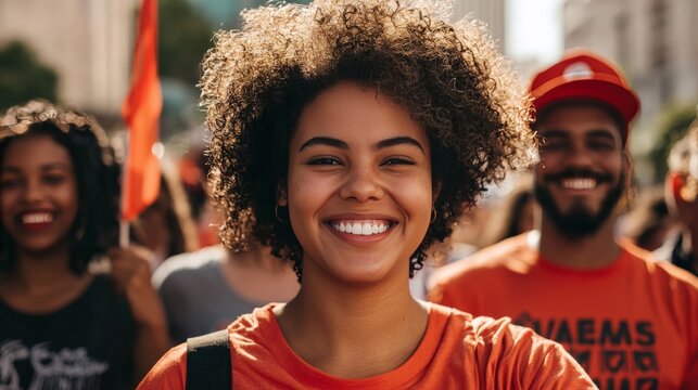 A group of workers wearing matching t-shirts with slogans promoting labor activism and solidarity