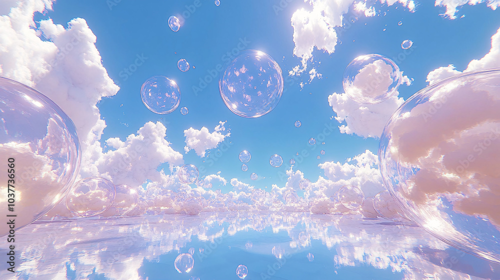 Wall mural dreamy sky with floating bubbles and clouds abstract background