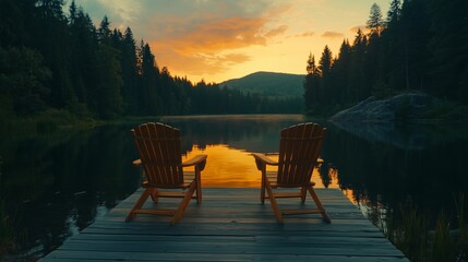 Fototapeta premium Two wooden chairs on the dock of an idyllic lake at sunset, overlooking a tranquil forest landscape