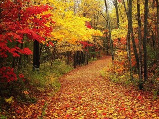 Obraz premium Vivid fall foliage in a dense forest, golden and red leaves everywhere