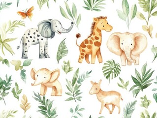 Obraz premium Watercolor African animals and tropical elements, safari-inspired nursery wallpaper design