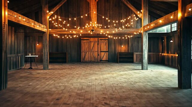 A rustic barn is illuminated with string lights for an event