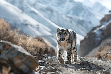 A snow leopard walking on a rocky trail