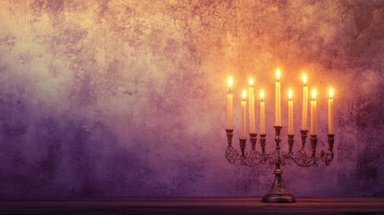 Fototapeta premium Elegant hanukkah menorah with nine lit candles against textured background celebrating the jewish festival of lights