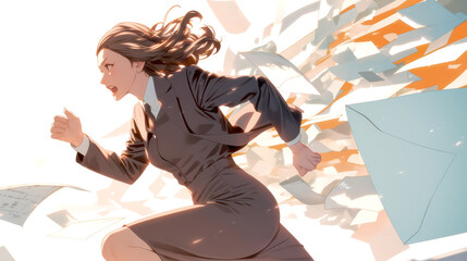 書類を撒き散らし走るビジネスウーマン