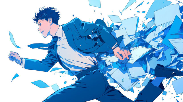 書類を撒き散らし走るビジネスマン