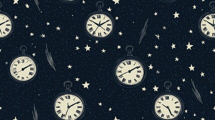 Fototapeta premium Minimalist clock faces and shooting stars pattern, midnight theme