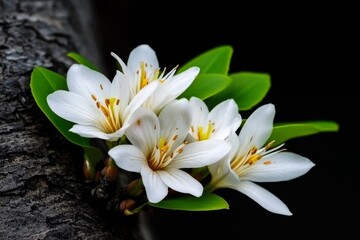 Fototapeta premium Amelanchier lamarckii in full bloom, its white flowers creating a striking contrast against the dark bark of the tree