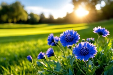 Obraz premium Centaurea dealbata alongside other wildflowers, basking in the sunlight in an expansive meadow