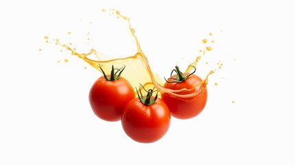 Flying Tomatoes with Juice Splash on White Background - Creative Food Levitation Concept