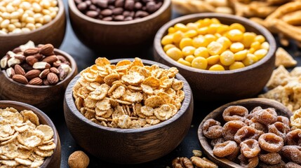 Fototapeta premium Assorted Nuts and Cereals in Wooden Bowls