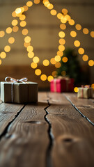 Obraz premium rustic wooden table with blurred festive lights presents
