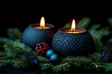 Gothic-style Christmas wreath, made of dark pine, with black candles glowing faintly in the background, casting eerie shadows
