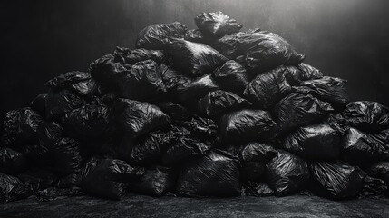 A pile of black plastic garbage bags stacked on top of each other on a concrete floor