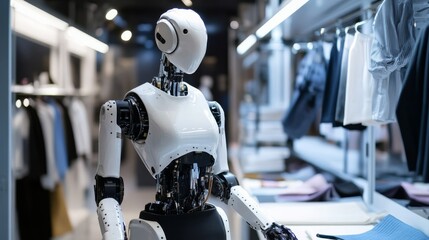 Fototapeta premium A robotic tailor crafting custom garments in a futuristic boutique, stylish mannequins and fabric samples, Fashion-forward style