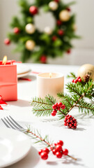 festive table setting with candlelight pine sprigs