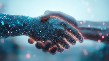 A double exposure of a handshake with transparent quantum circuits overlaying, representing trust and collaboration in the tech industry. Minimal and Simple style