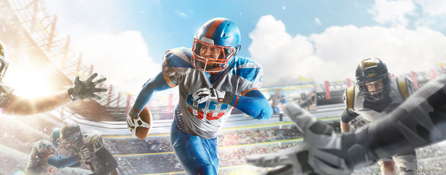 American football. Sports attack. Sportsman in action. A young agile American football player runs fast. Sports arena with fans. Bright sun