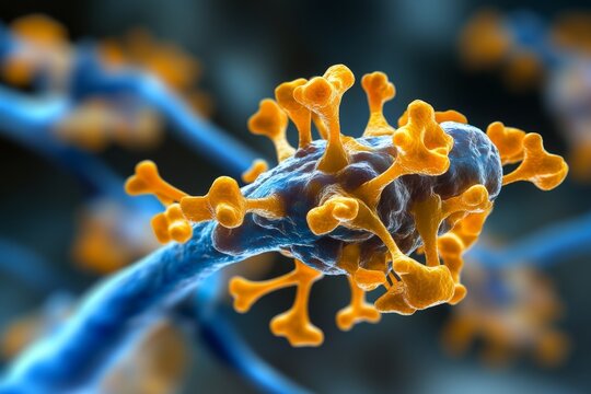 Hyper-realistic glial cells wrapping around a neuron, showing the intricate relationship between these cells
